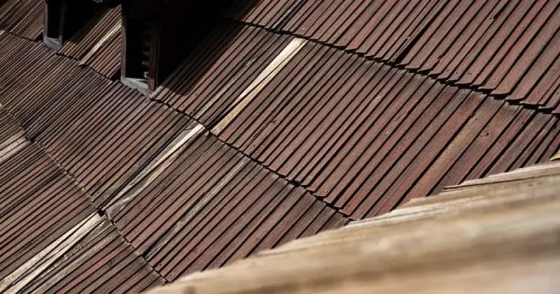 Close-up of an aging wooden shake roof